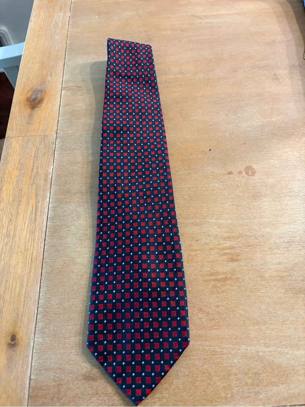 Navy Tie with Red Square Pattern